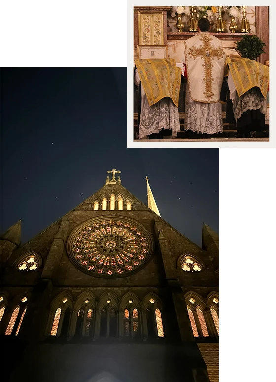 Night view of the illuminated rose window on the Gothic facade of St. Walburge’s Church, with an inset photo of ICKSP priests celebrating a Tridentine Mass in ornate white and gold vestments at the altar.