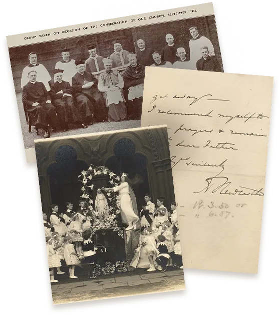 Vintage collage on black background with torn edges: Top — 1924 black-and-white group photo of clergy at a church consecration. Bottom left — May crowning ceremony with a woman placing flowers on a Virgin Mary statue, surrounded by children. Right — handwritten letter dated 1950/1957, signed by J. [surname], beginning “I recommend myself to your prayers…”