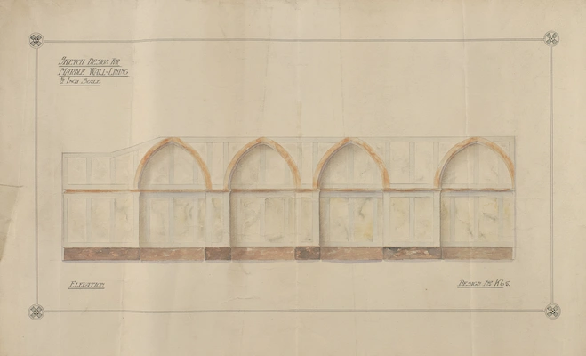 Historic architectural sketch design for a marble wall-lining with a series of pointed arches.