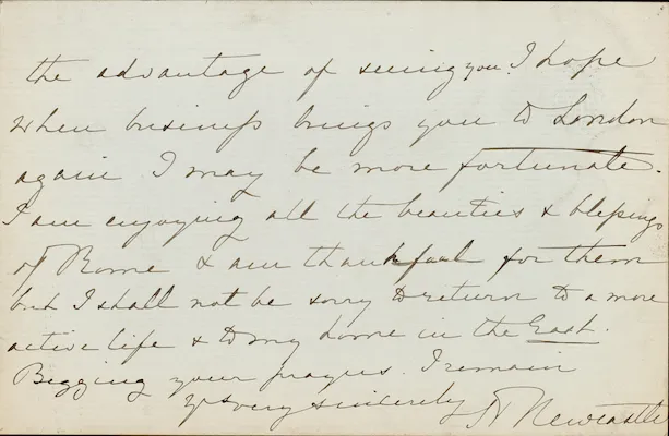 Historic handwritten letter in cursive script, signed by Father Newcastle.