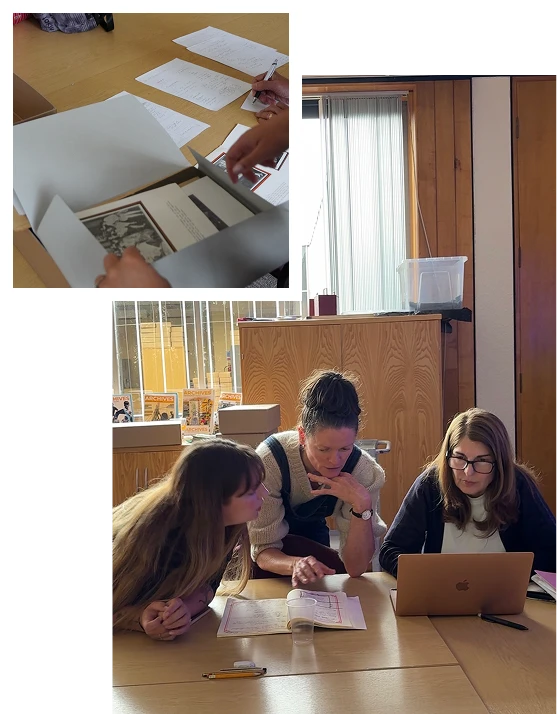 A split image showing hands unboxing archival records above three women collaboratively reviewing a large historic record book and a laptop at a table.
