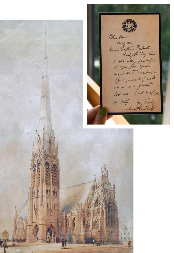 A split image showing an elegant architectural illustration of St Walburge's Church in Preston featuring its distinctively tall spire, paired with a hand holding a vintage handwritten sympathy letter addressed to "Dear Father Papall".