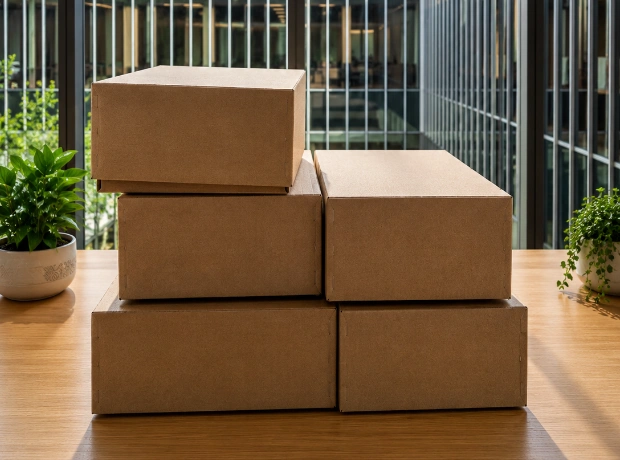 A stack of five brown archival storage boxes neatly arranged on a wooden table inside the Lancashire County Council offices.