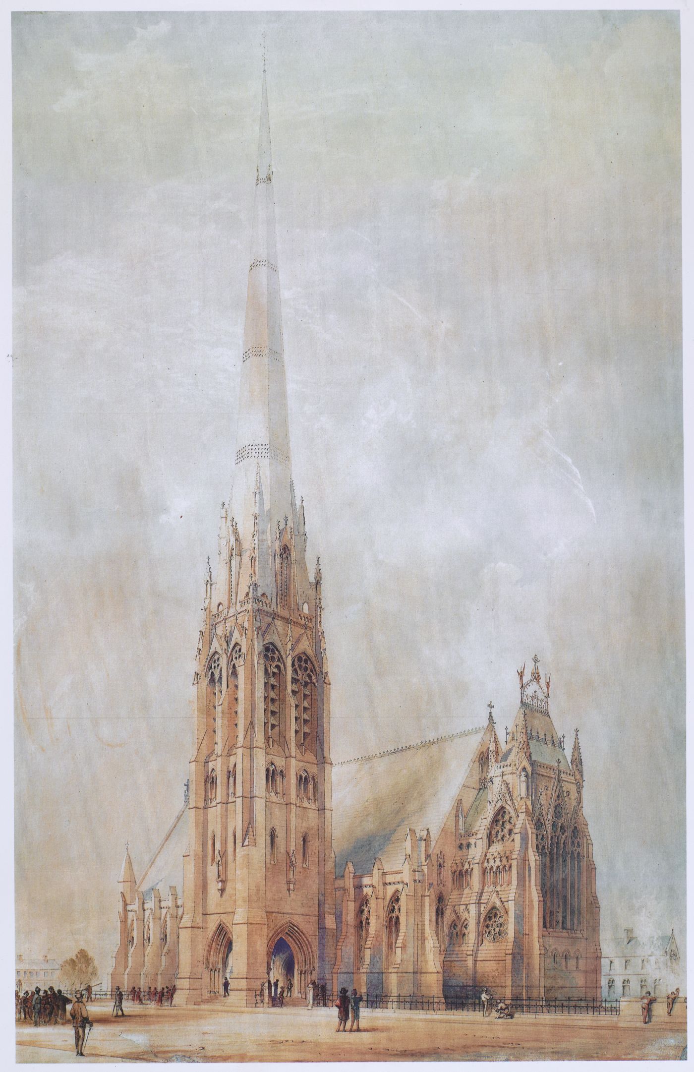 Watercolour architectural rendering of St Walburge's, spire and west front in sandstone tones, small figures in Victorian dress standing before the railings.