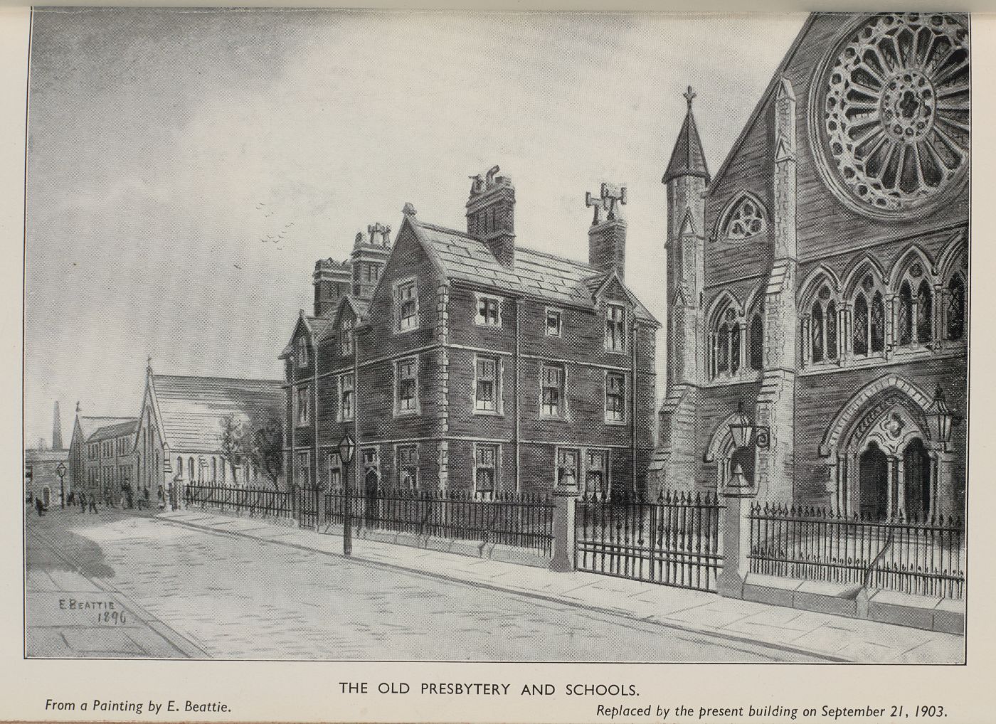 Illustration of the old presbytery and schools beside St Walburge's, captioned "The Old Presbytery and Schools," from a painting by E. Beattie dated 1896, noted as replaced by the present building on 21 September 1903.