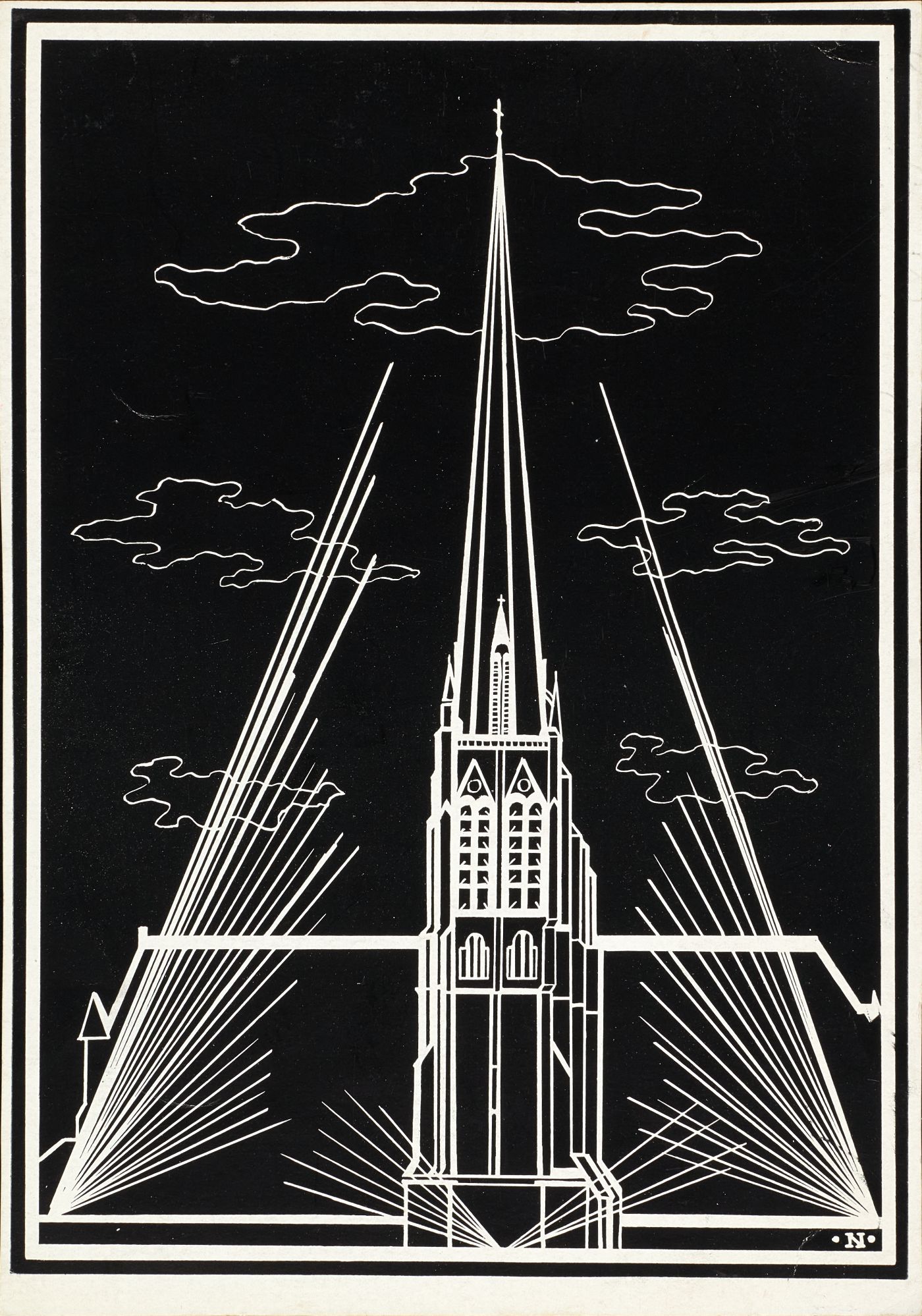 Stylised black and white illustration of St Walburge's spire with radiating light beams, initialled "N."