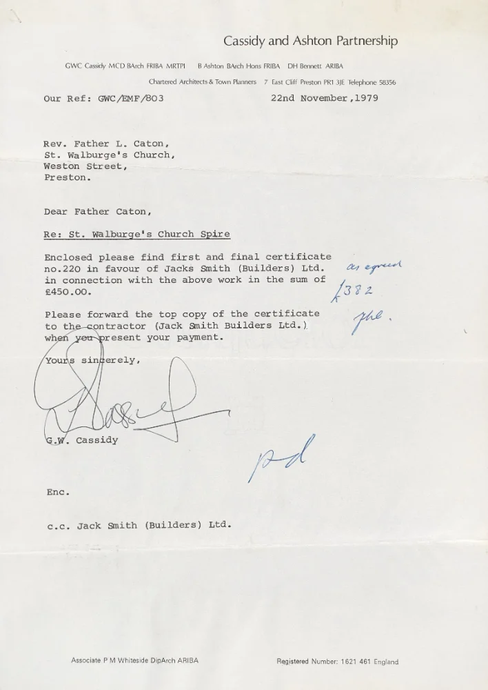 Letter from G.W. Cassidy enclosing the final certificate for spire repair works by Jack Smith (Builders) Ltd, dated 1979.