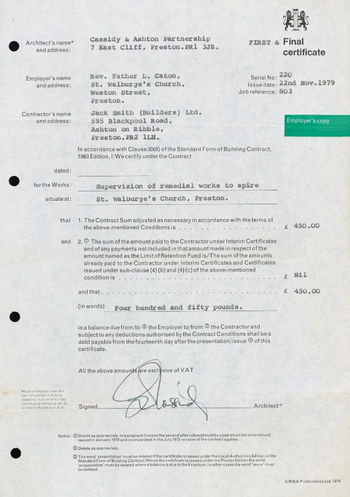 Employer's copy of the final certificate for spire repair works by Jack Smith (Builders) Ltd, confirming a sum of £450, dated 1979.