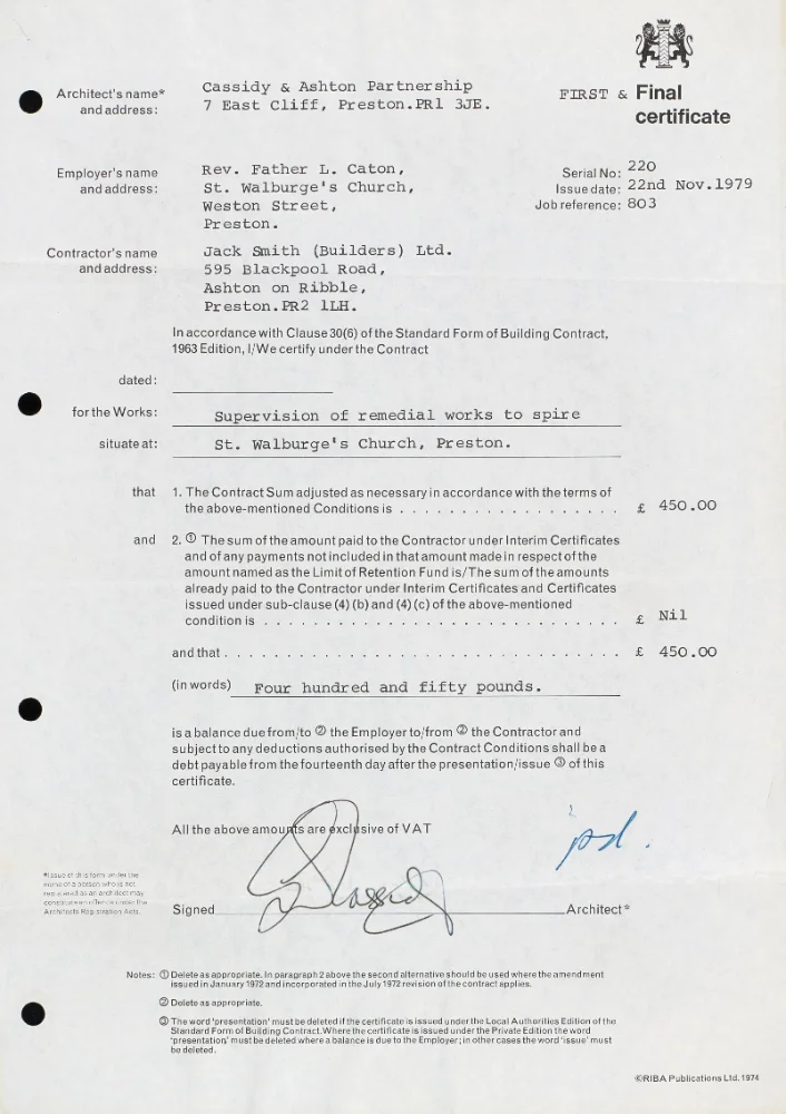 First and final building certificate confirming completion of spire repair works by Jack Smith (Builders) Ltd, for a sum of £450, dated 1979.