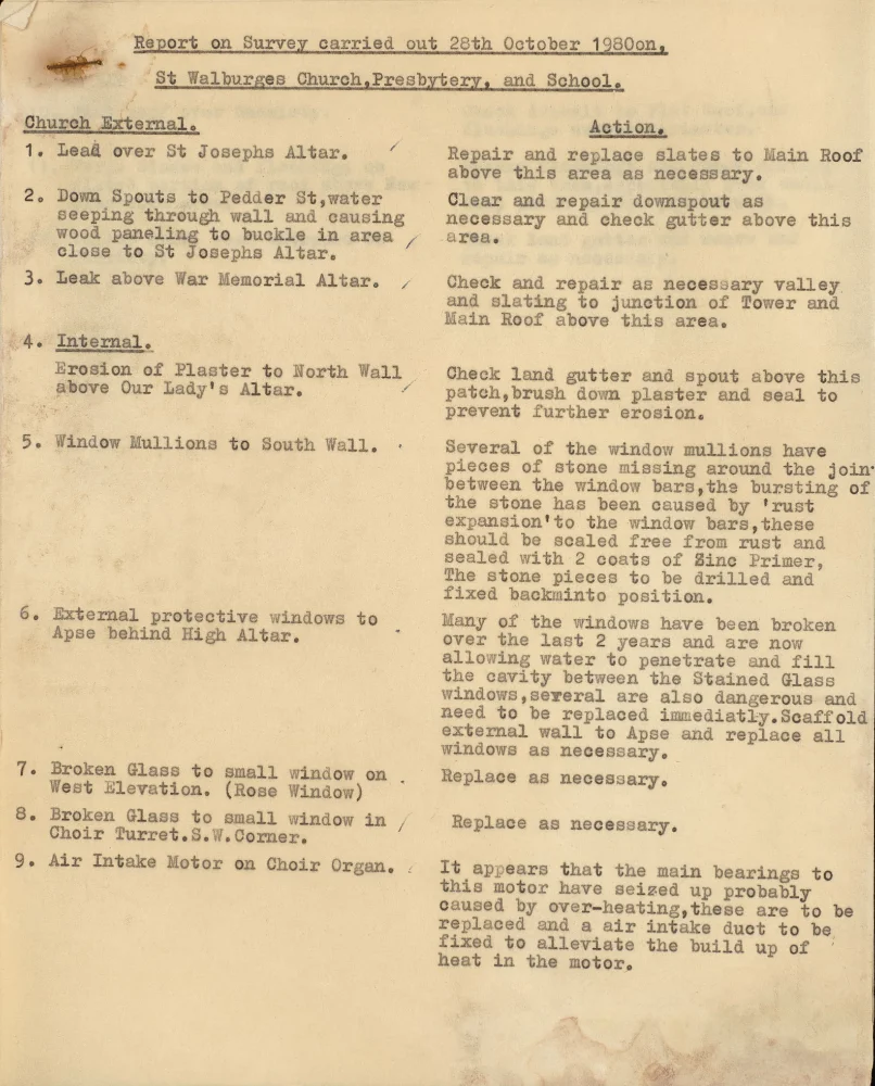 First page of a survey report dated 28 October 1980, listing defects to the church's roof, windows and altars, with recommended repairs.
