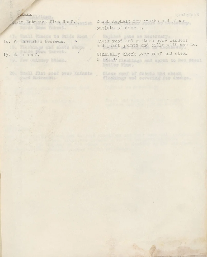 List of building defects and repairs needed for the presbytery, including the main entrance roof, Fr Gornall's bedroom and main roof.