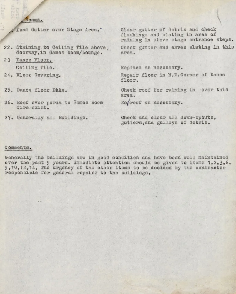 Numbered list of building defects and recommended repairs, covering games room, dance floor and general roofing, with a summary comment on condition.