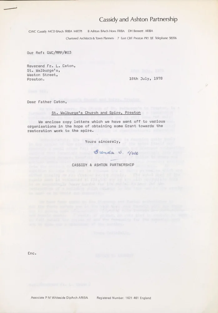 Letter from Cassidy & Ashton Partnership to Father Caton enclosing copies of grant appeal letters sent for spire restoration funding.