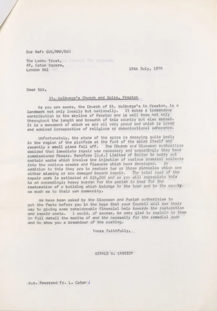 Carbon copy of a letter to the Leche Trust requesting funding towards spire repairs at St Walburge's, dated 1978.