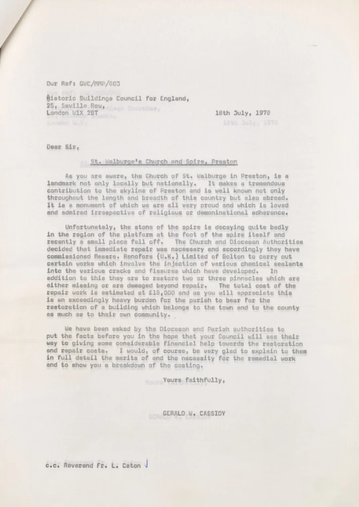 Carbon copy of a letter to the Historic Buildings Council for England requesting funds for spire repairs at St Walburge's, dated 1978.