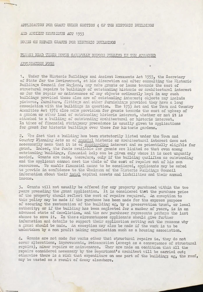 Typed guidance notes on applying for a Section 4 repair grant under the Historic Buildings and Ancient Monuments Act 1953.
