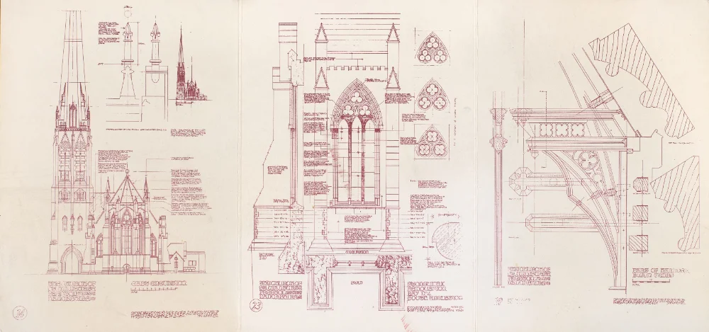 Printed sheet of technical drawings for St Walburge's conservation and restoration, showing the spire elevation, a detailed window study, and a roof-truss detail, by Francis B. Roberts, Chartered Architects.