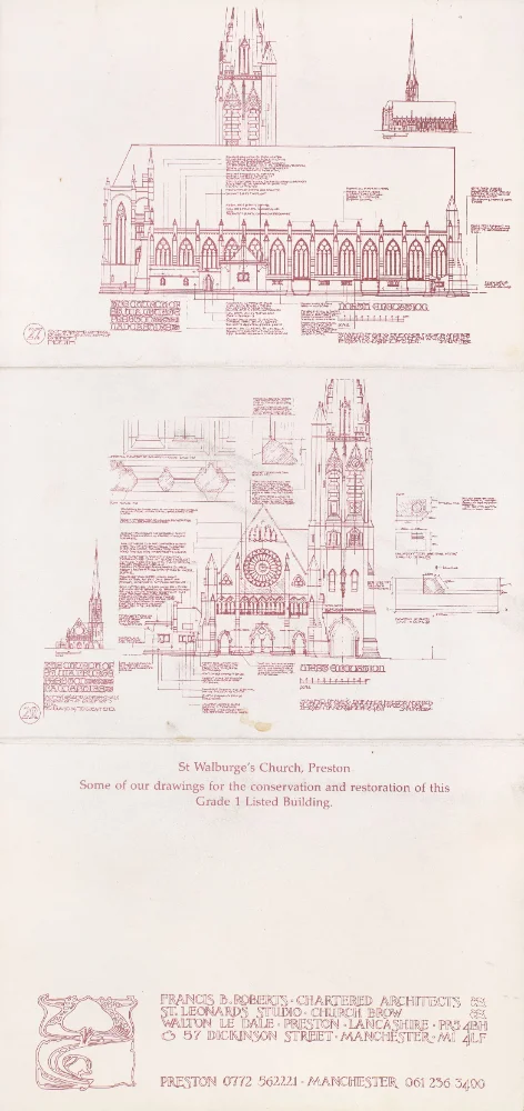 Printed sheet of technical elevation drawings for the conservation and restoration of St Walburge's, captioned "St Walburge's Church, Preston. Some of our drawings for the conservation and restoration of this Grade I Listed Building," credited to Francis B. Roberts, Chartered Architects.