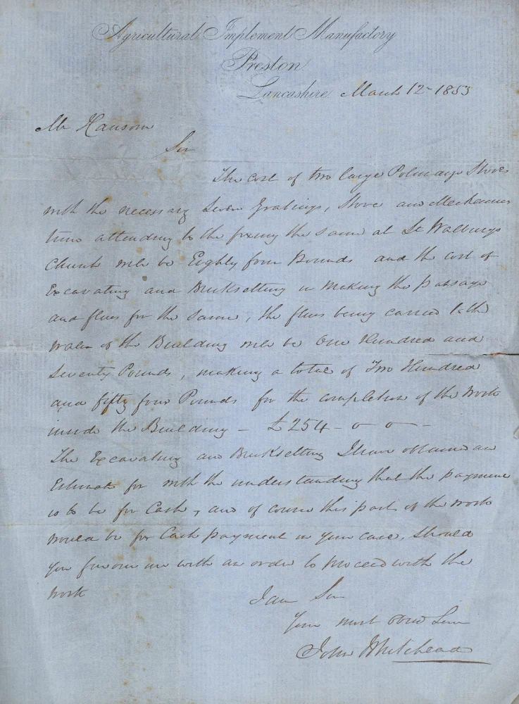 Handwritten letter from the Agricultural Implement Manufactory, Preston, to Mr Hansom, dated 12 March 1853, quoting £254 for two large heating stoves and associated brickwork at St Walburge's Church, signed John Whitehead.