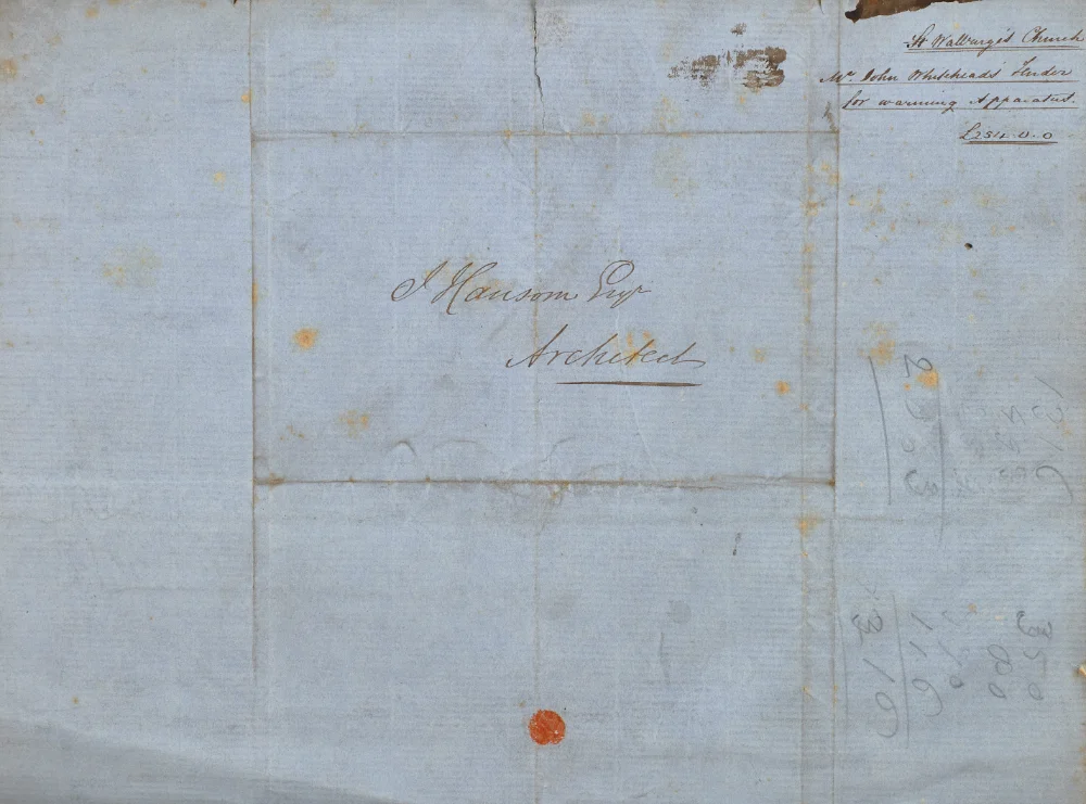 Folded letter cover addressed "J. Hansom Esq, Architect," with a red wax seal, endorsed "St Walburge's Church, Mr John Whitehead's Tender for warming apparatus, £254.00."
