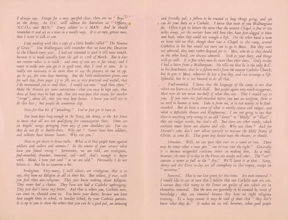 Two pages of a printed pastoral letter addressed to servicemen, discussing faith, conduct and a "Novena of Grace" booklet enclosed for Walburgians.