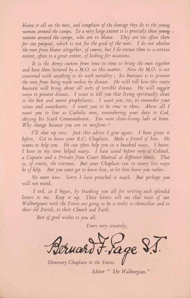 Final page of a pastoral letter to servicemen, closing with moral advice and signed by Bernard F. Page S.J., Honorary Chaplain to the Forces and Editor of "The Walburgian."
