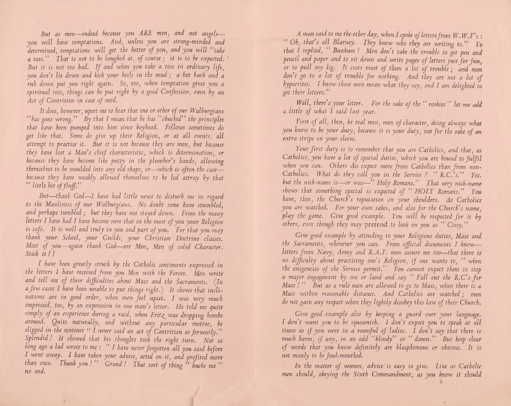 Two pages of a pastoral letter urging servicemen to keep faith and good conduct, reflecting on letters received from Walburgians during the war.