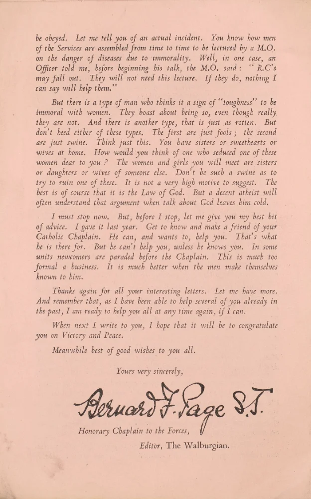 Closing page of a pastoral letter to servicemen, hoping to next write with news of "Victory and Peace," signed by Bernard F. Page S.J., Editor of The Walburgian.