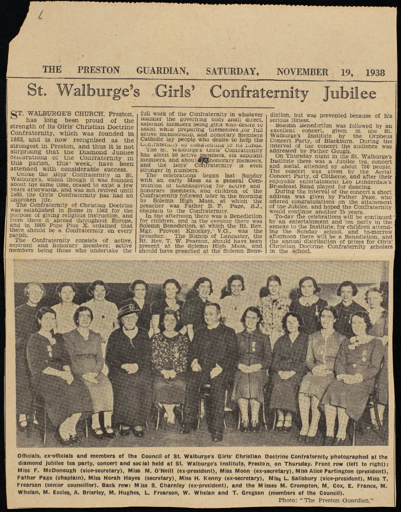 Preston Guardian cutting reporting the Diamond Jubilee of St Walburge's Girls' Christian Doctrine Confraternity, founded 1863, with named council members pictured.