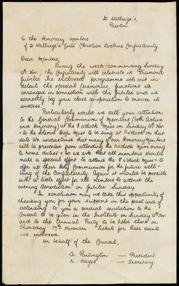 Handwritten letter to honorary members of St Walburge's Girls' Christian Doctrine Confraternity, detailing Diamond Jubilee celebrations, signed by A. Partington and N. Hayes.