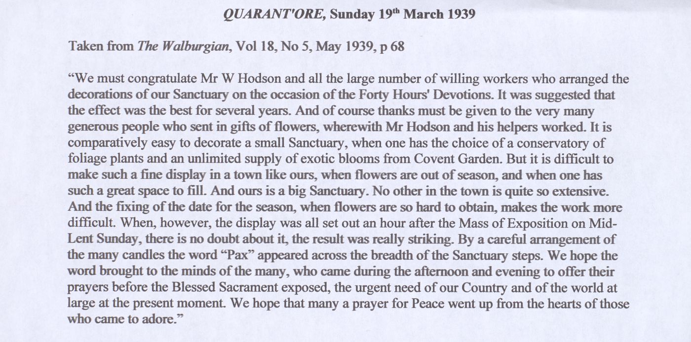 Typed extract from The Walburgian parish magazine (Vol 18, No 5, May 1939) reporting on the sanctuary decorations for the Forty Hours' Devotions held on 19 March 1939, describing the floral display and the word "Pax" formed in candles across the sanctuary steps.