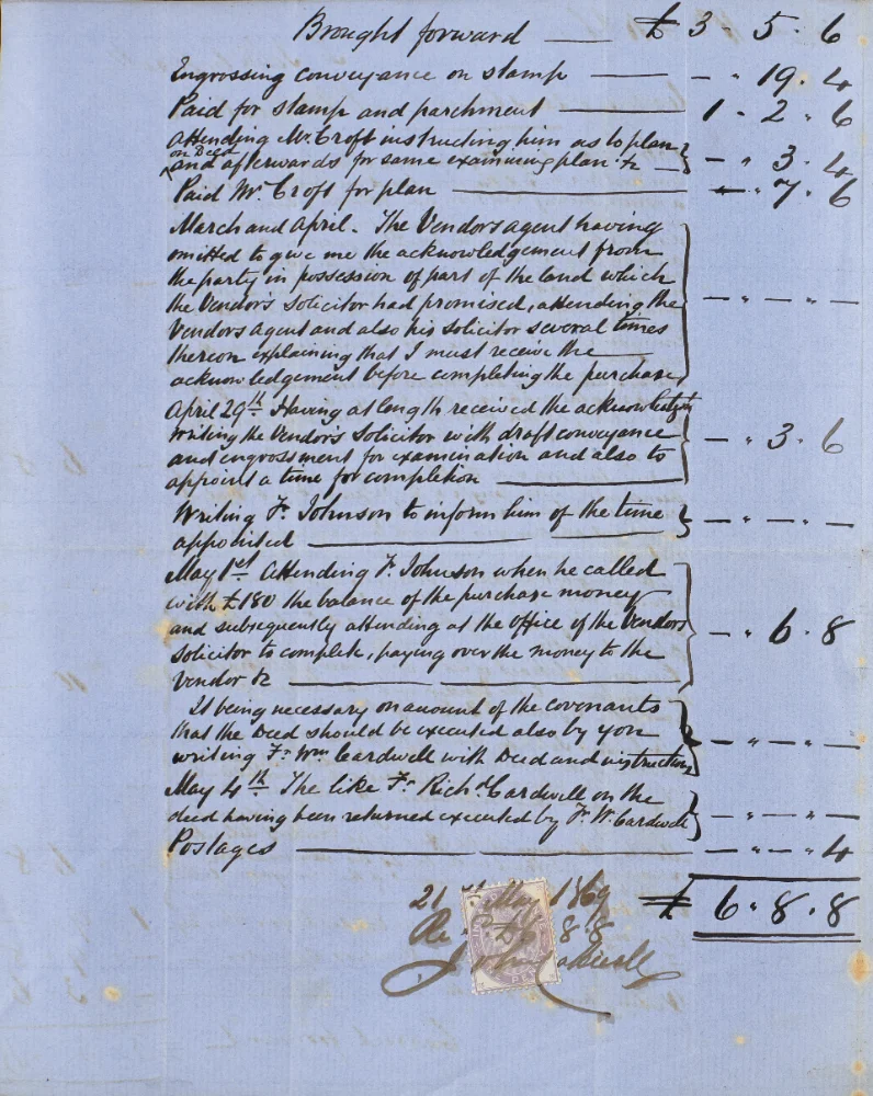 Handwritten legal account itemising a solicitor's costs for the conveyance of land, dated May 1869, with an itemised list of fees and a tax stamp affixed at the foot.