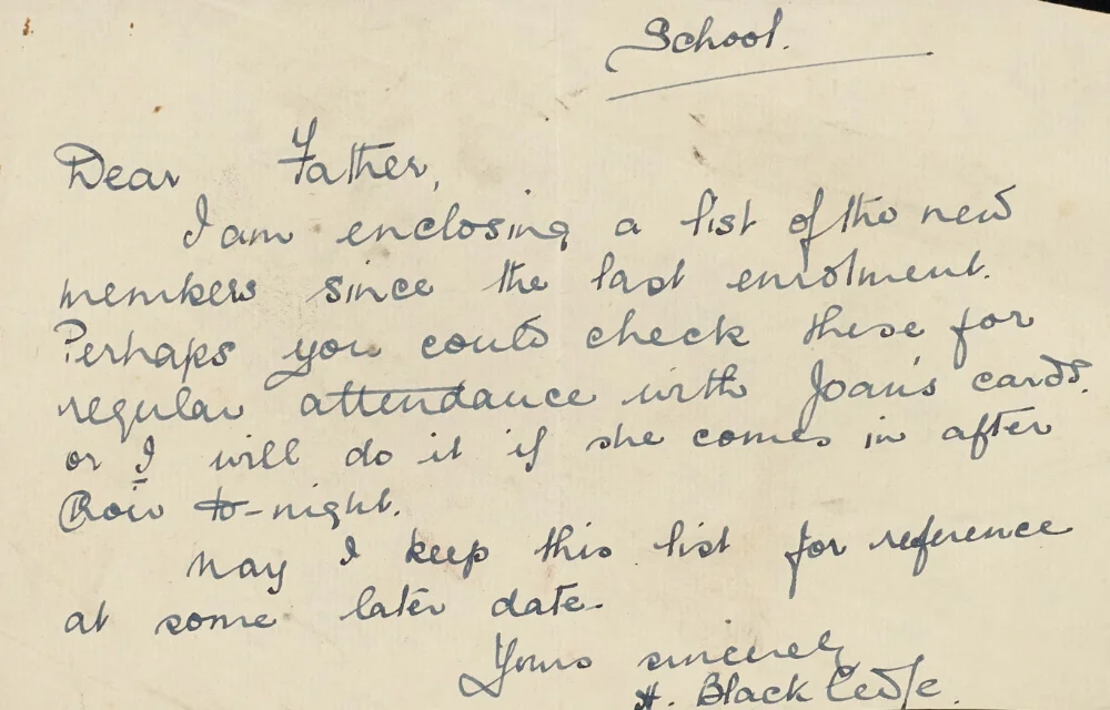 Handwritten letter to a parish priest enclosing a list of new school members and asking him to check attendance records.