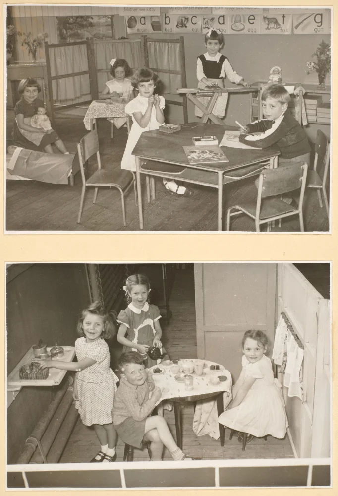 Two photographs of infant pupils at play: role-play with dolls and an ironing board below an alphabet frieze, and a tea party at a small table.