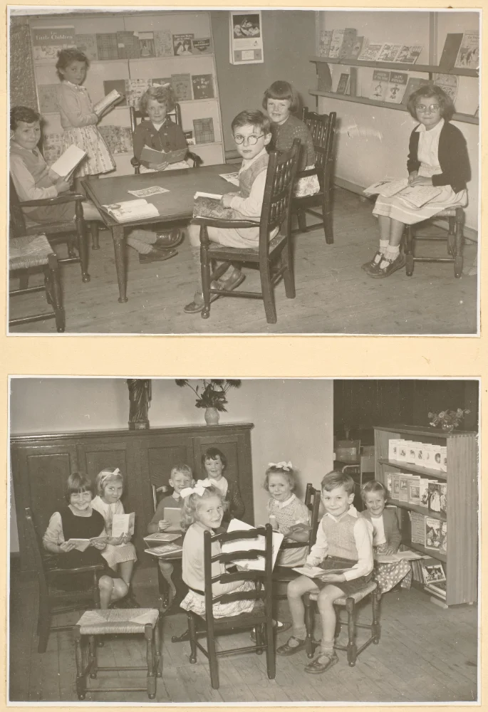 Two photographs of young pupils reading picture books at a table and beside a bookcase, watched over by a statue in the lower scene.