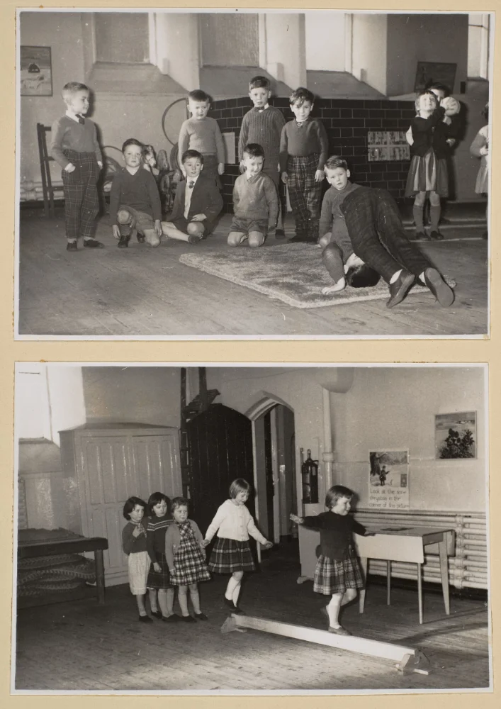 Two photographs of infant pupils in physical activities: boys gathered on a mat, and girls balancing along a beam in the hall.