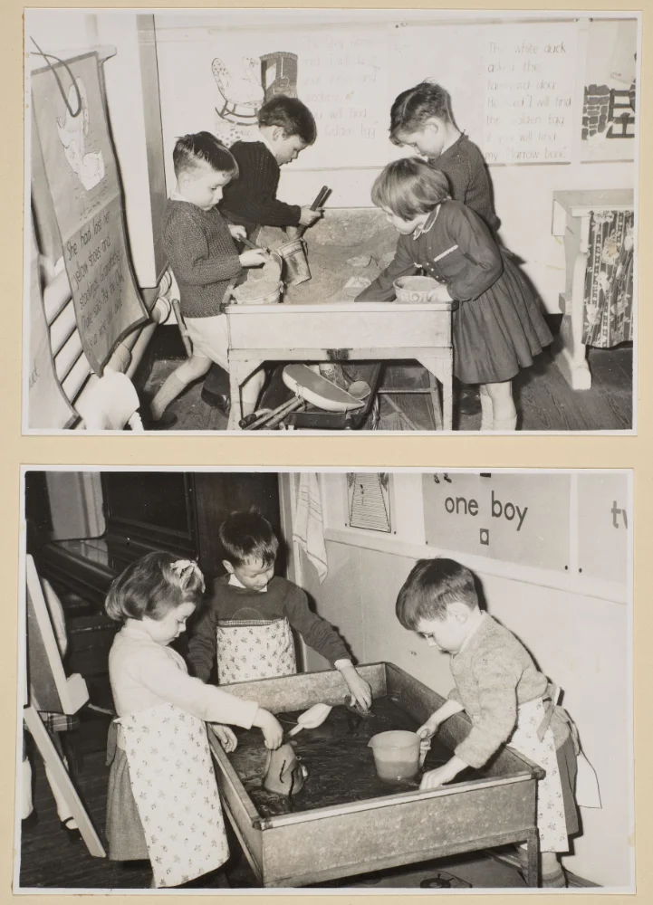 Two photographs of infant pupils gathered at a sand tray and a water tray, some wearing aprons, beside wall posters and story cards.