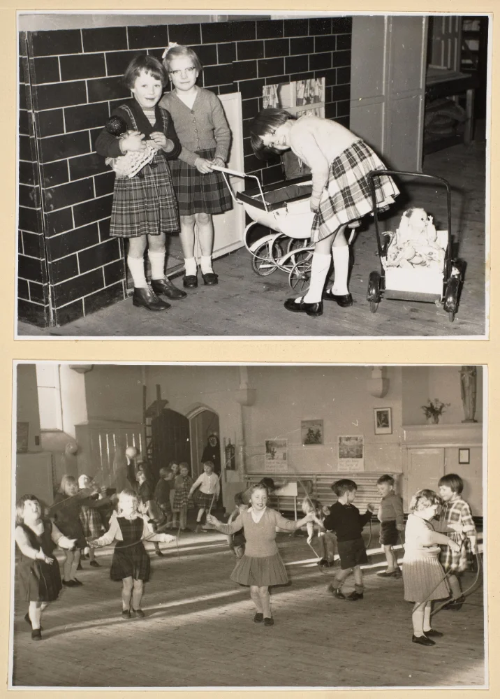 Two photographs of infant pupils at play: girls with dolls and a pram indoors, and a group skipping with ropes in the hall.