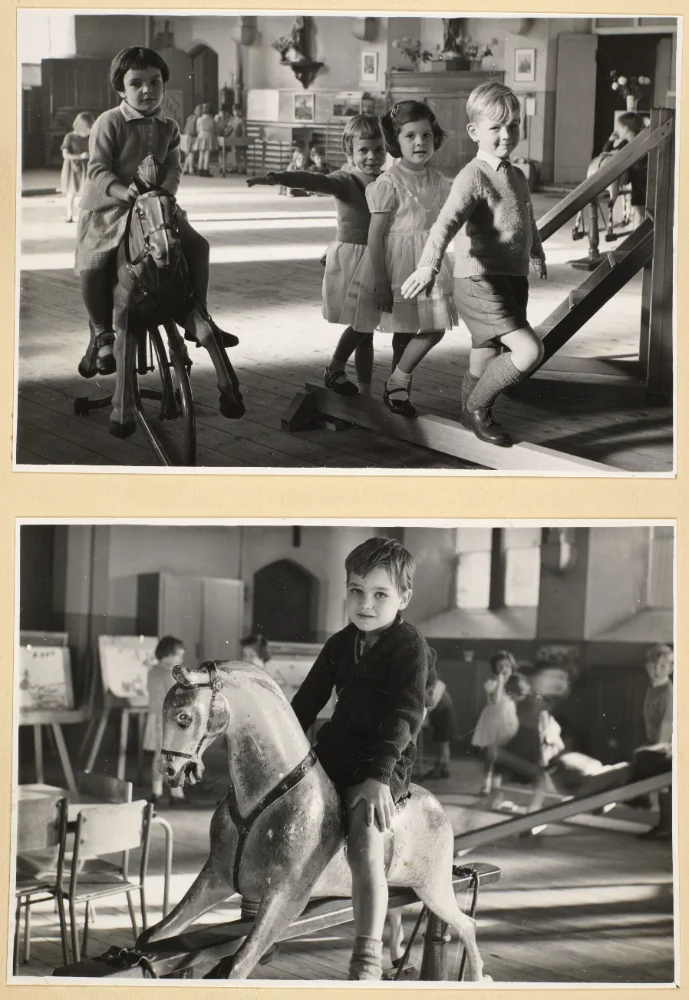 Two photographs of infant pupils in the hall: a girl rides a rocking horse beside children on a balance beam, and a boy sits on a rocking horse with easels behind.