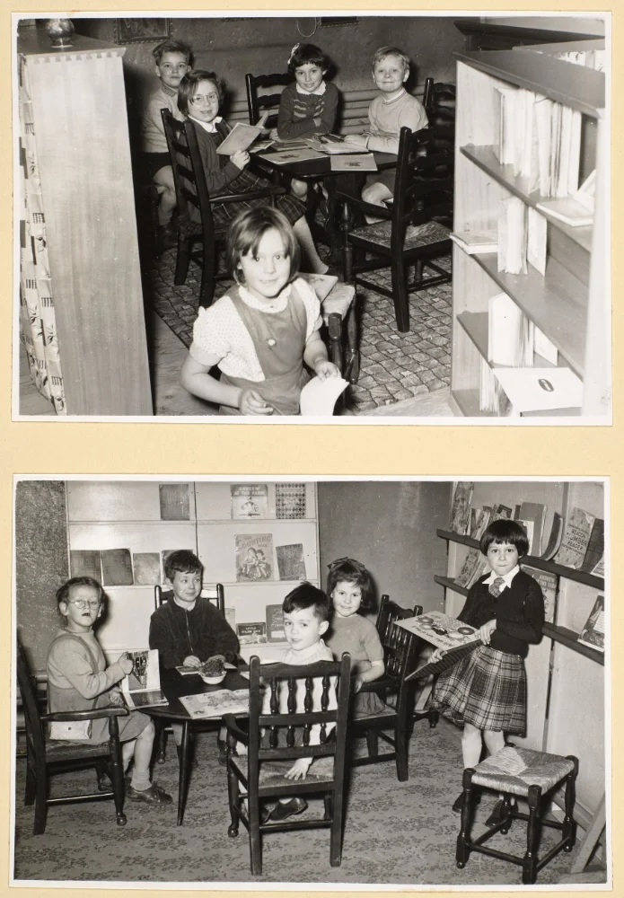 Two photographs of infant pupils reading picture books at tables beside bookcases, one child holding a book open.