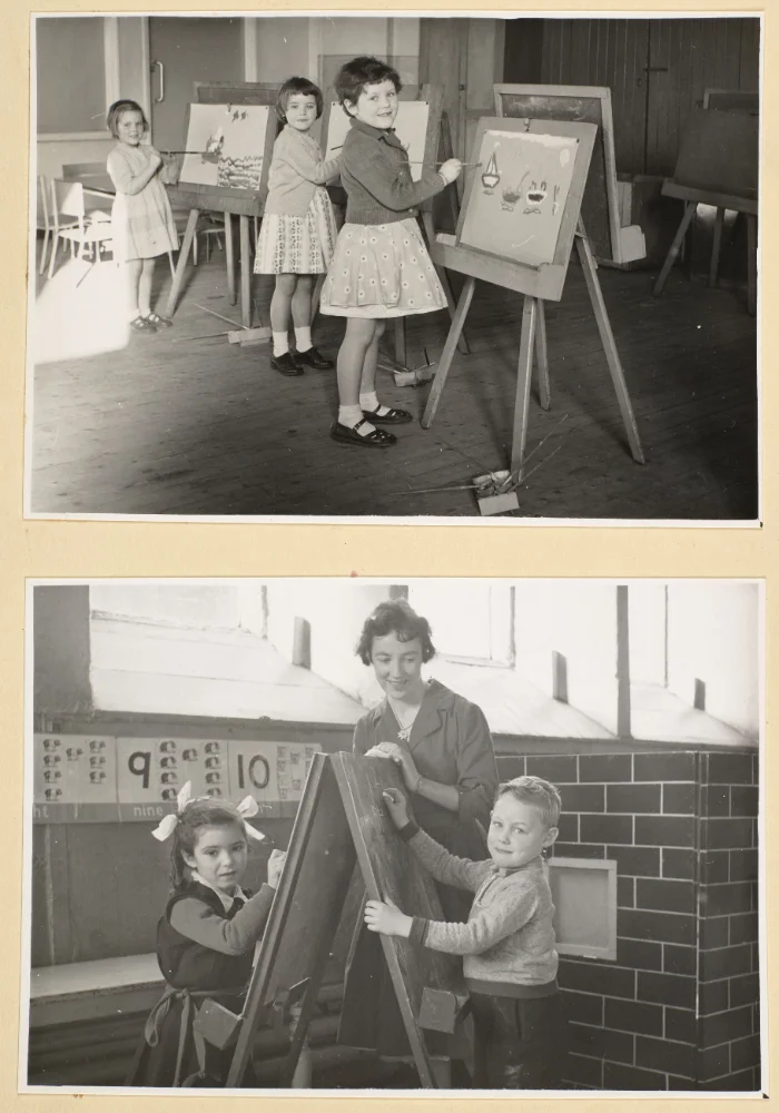 Two photographs of infant pupils painting at easels; the lower image shows a teacher guiding two children beside a numbers wall chart.