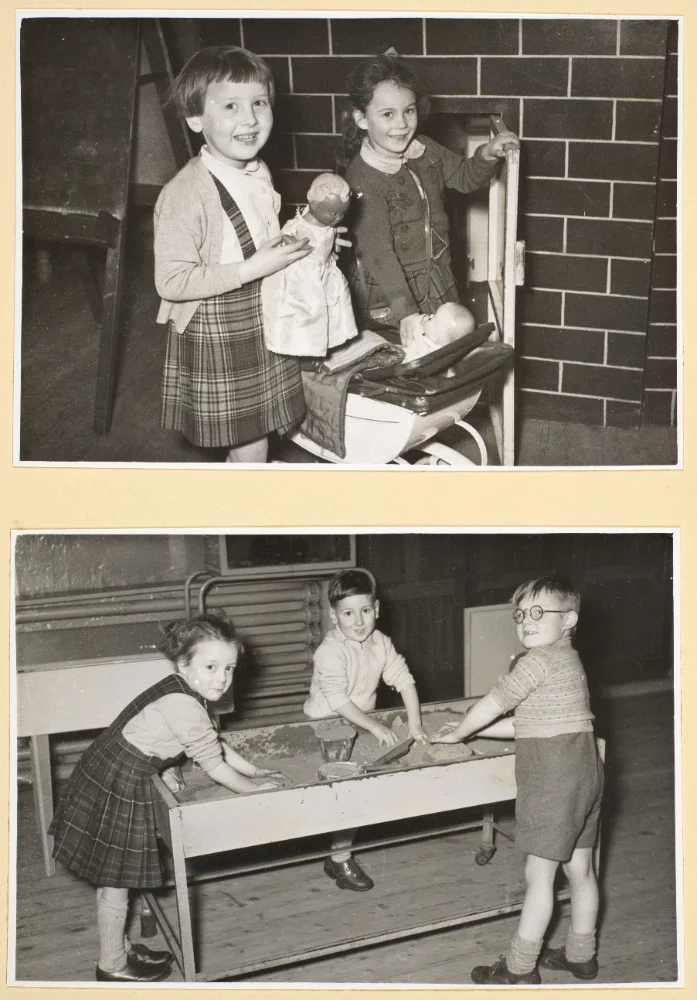 Two photographs of infant pupils at play: girls with dolls and a pram beside a mock brick wall, and children at a sand tray.