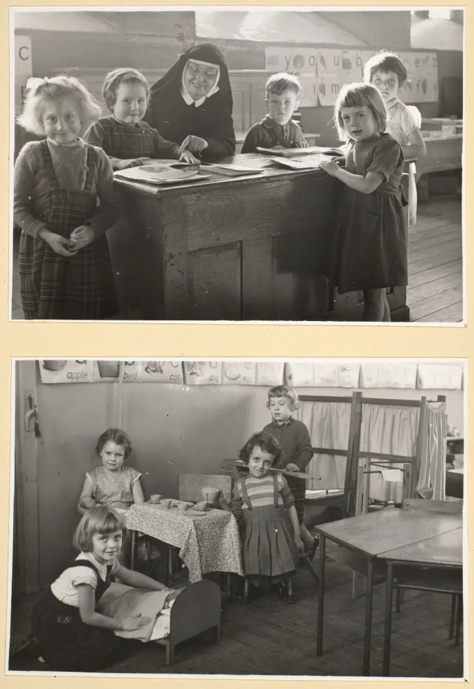Two photographs: a nun sits with infant pupils at a large desk beneath an alphabet wall chart, and children play at a tea table and toy bed.
