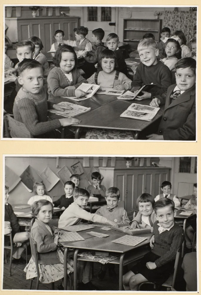 Two photographs of infant pupils at classroom tables with picture books and worksheets, other pupils seated behind at their desks.