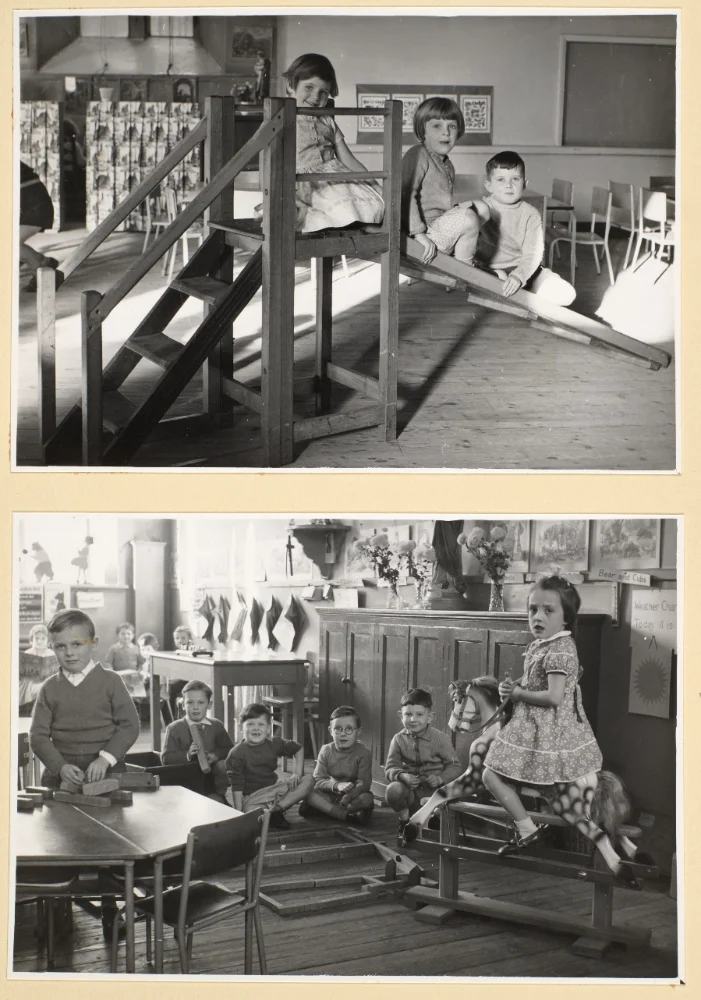 Two photographs of infant pupils at play: children on a wooden climbing frame with steps and ramp, and others with building blocks and a rocking horse.
