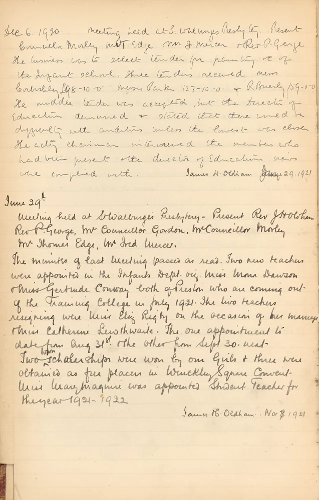 Handwritten minutes of meetings held at St Walburge's Presbytery, recording tender decisions for painting the Infant School and new teacher appointments.