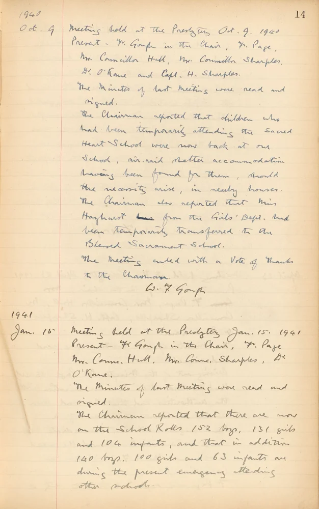 Handwritten minutes recording air-raid shelter arrangements, teacher transfers and wartime pupil numbers across the school departments.