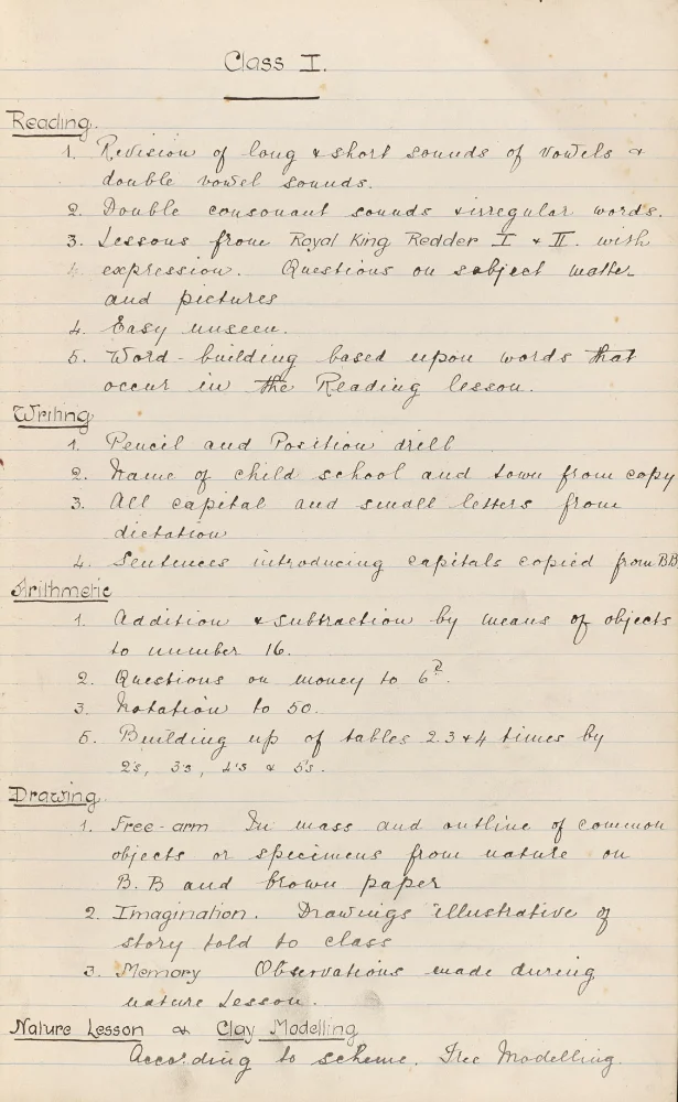 Handwritten scheme of work for Class I, covering reading, writing, arithmetic, drawing, and a nature or clay modelling lesson.