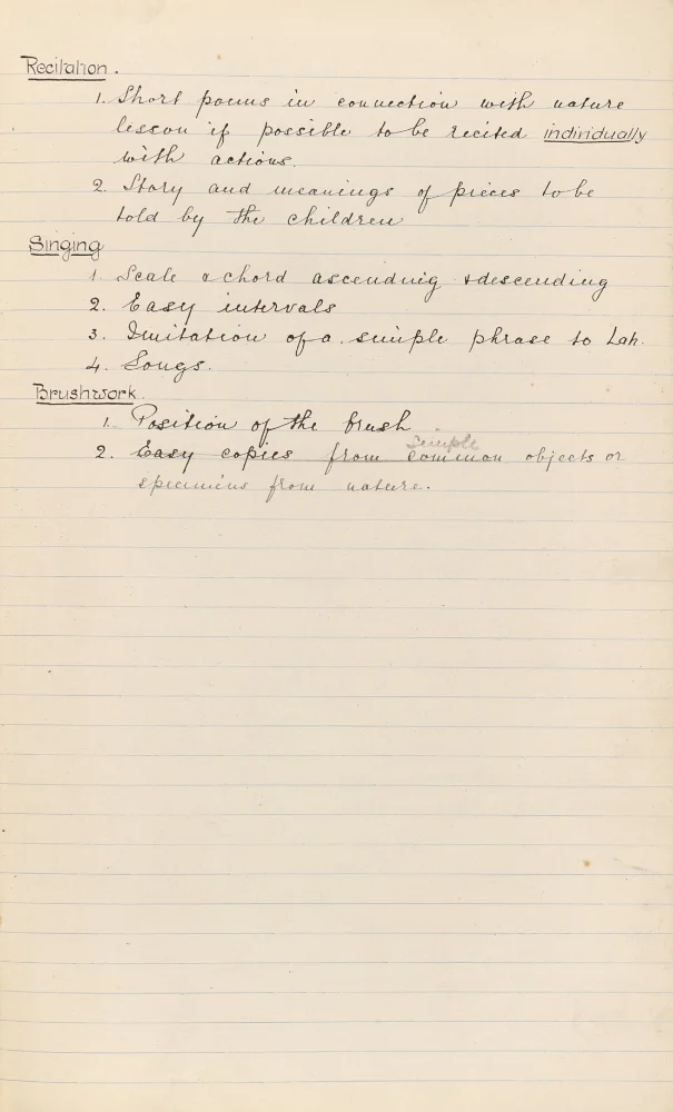 Handwritten scheme of work continuing with recitation, singing and brushwork lessons for Class I.