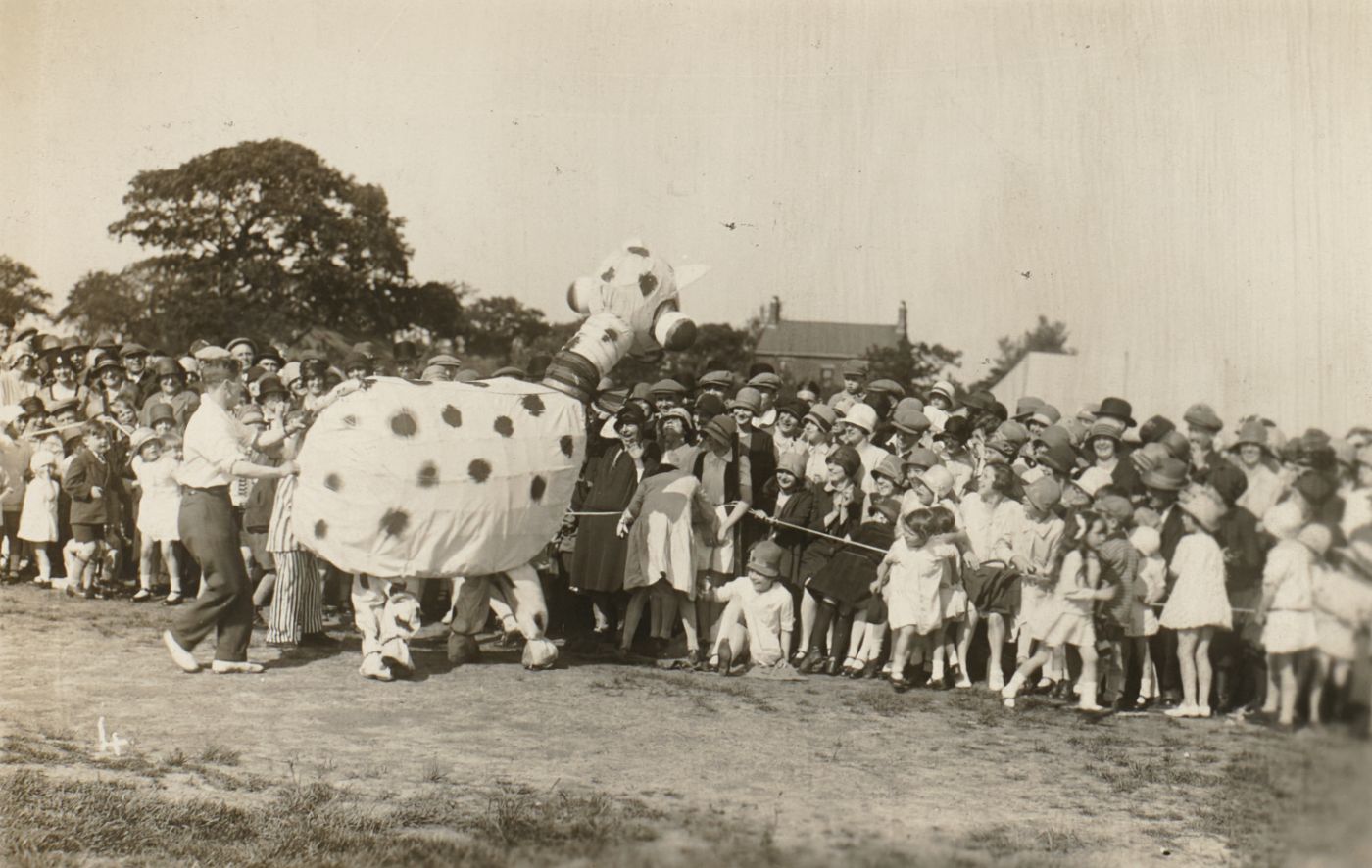 A comic two-person animal costume, spotted and long-necked, is led past a crowd of parishioners and children lining the field.